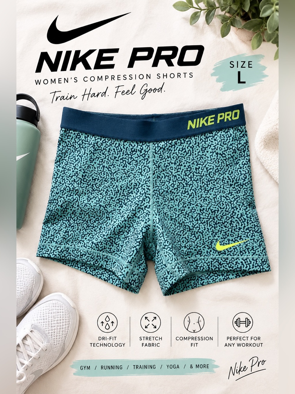 Nike Pro Women’s Compression Shorts Size L Blue Teal Print Athletic Gym